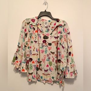 Ivy Jane White Floral Wild Flowers Bobo Oversized Top Bell Ruffle Sleeves Small